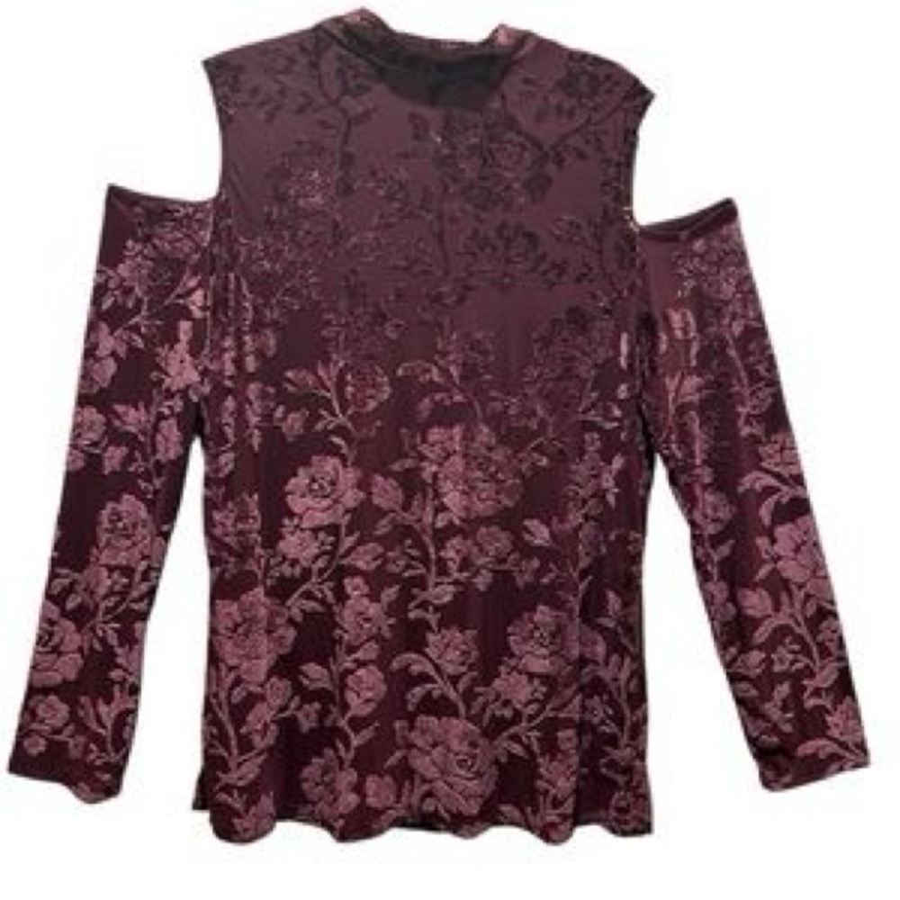 Adrianna Papell Large Maroon Purple Floral Velvet Cold Shoulder Fall Blouse Top